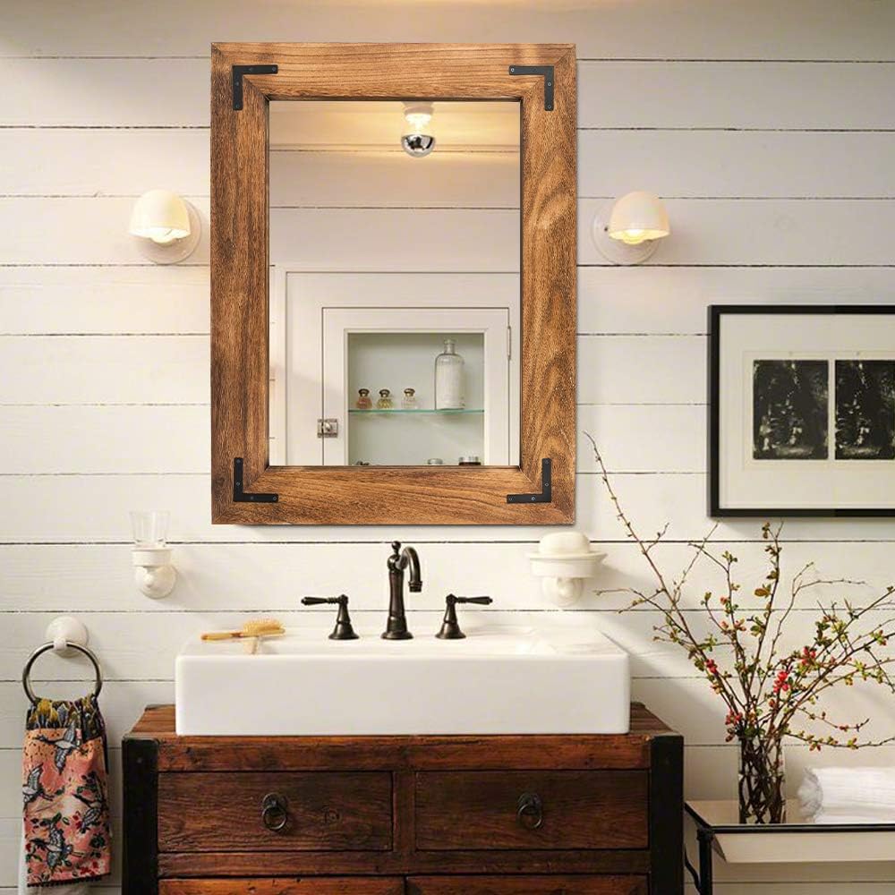 Mirrors - YOSHOOT Rustic Wooden Framed Wall Mirror, Natural Wood Bathroom Vanity Mirror for Farmhouse Decor, Vertical or Horizontal Hanging