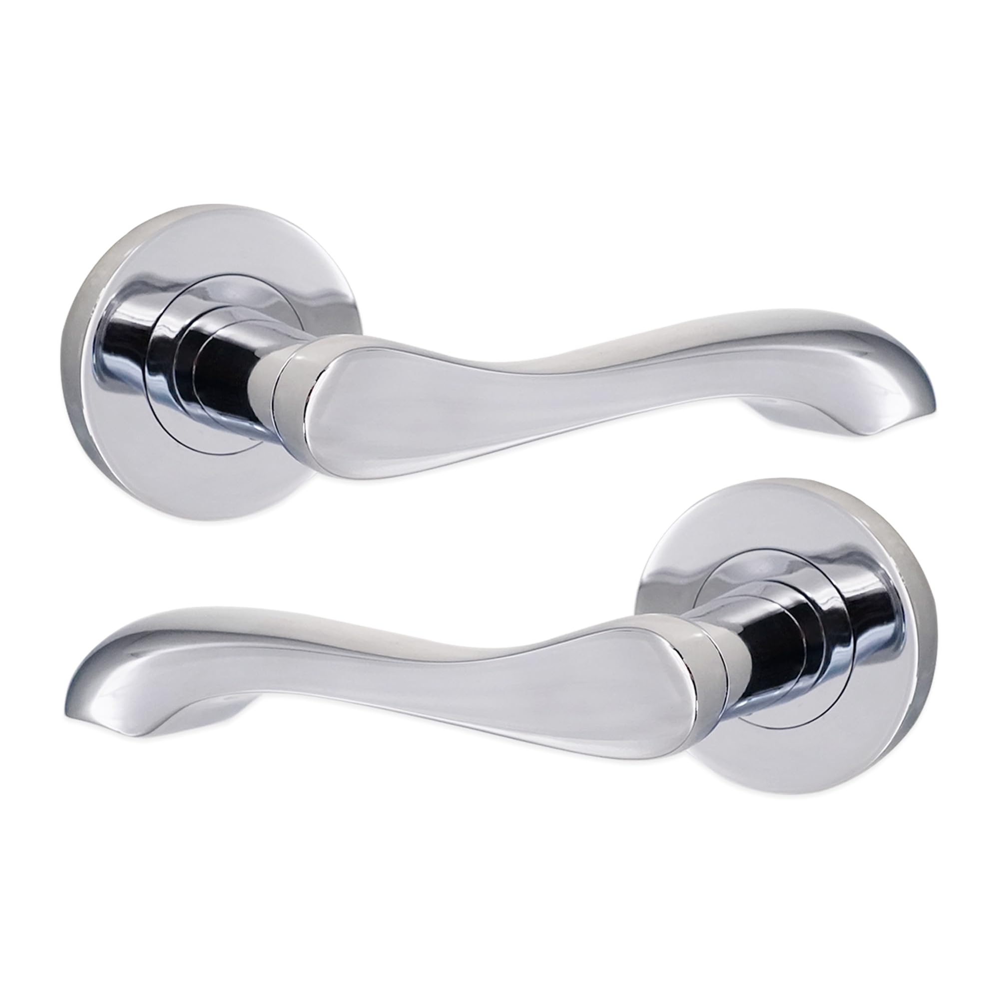 Infinity Decor Caris Pair of Solid Brass Twisted Lever Door Handles on Round Rose Polished Chrome Passage Pull Handles Set - Ideal for Interior and Exterior Doors
