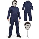 MtHope Blue Jumpsuit for Men and Boy,Halloween Cosplay Coveralls Costume with Mask and Prop Knife