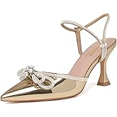 Susanny Women's Closed Toe Rhinstone Wedding Low Heel Slingback Clear Kitten Heels,Adjustable Strap Pointed Toe Bow Pumps High Heeled Prom Dress Shoes