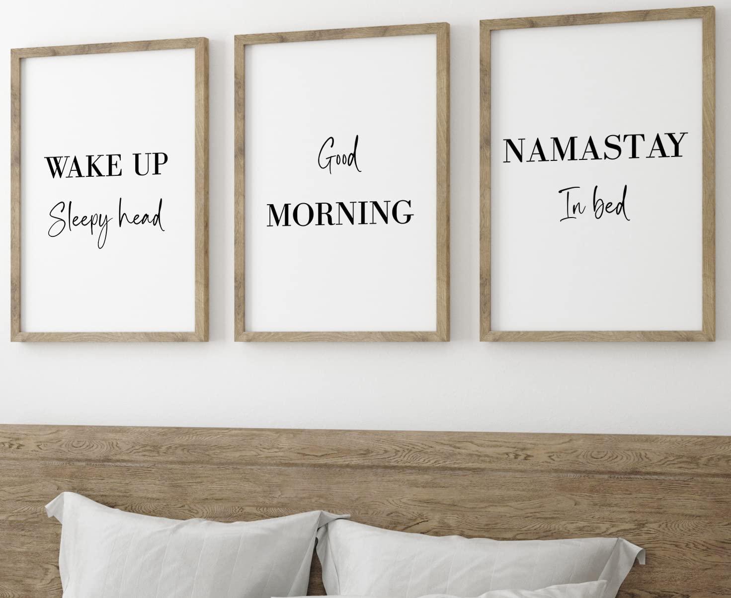 Namastay in Bed Home Decor Quotes set of 3 Unframed Prints, Bedroom Wall Art Quote, Wake Up Sleep Head, Good Morning, Namastay in Bed (A3) — image 1