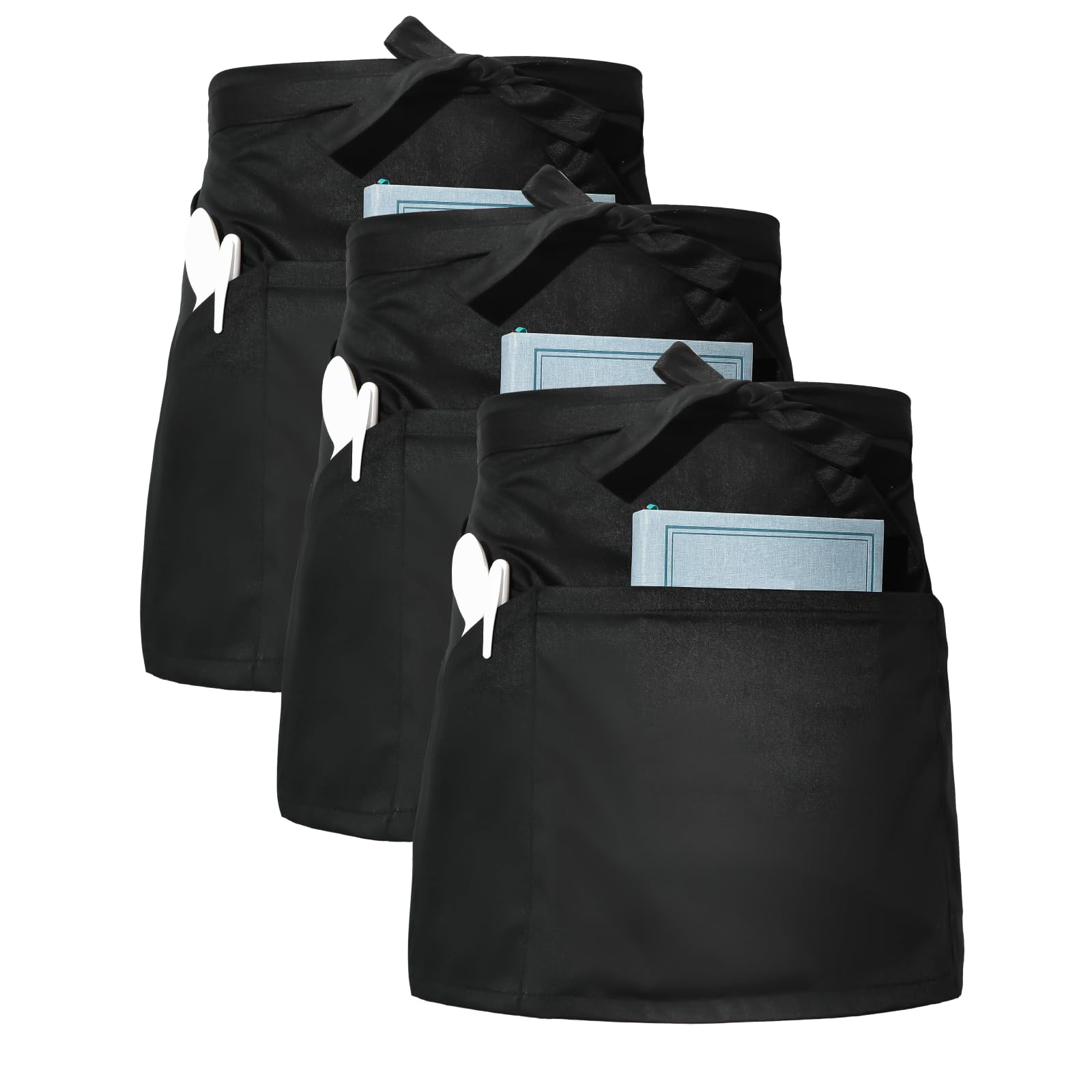 WORK IDEA Set of 3 aprons with 3 pockets, pre-tie apron, waiter's apron, bistro apron, cooking apron, baking apron for restaurant, bar, black, One Size