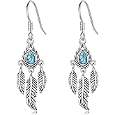 Feather Earrings for Women 925 Sterling Silver Turquoise/Moonstone/Black Crystal Dangle Drop Earrings Feather Jewelry Gifts for Wife Mom Daughter