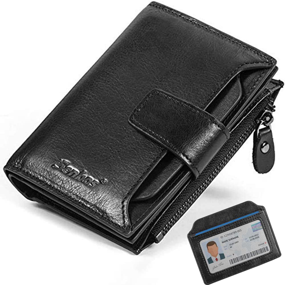 Senbos Men's Genuine Leather Wallet RFID Blocking Coin Purse 18 Credit Card Holder 2 Bill Compartment and Removable ID Holder Coin Pocket with Gift Box, Black, 12.5x9.5x2.5 cm, Classic