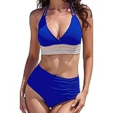 Womens Bikini Sets Color Block Halter High Waisted Swimsuit Two Piece Drawstring Bathing Suit