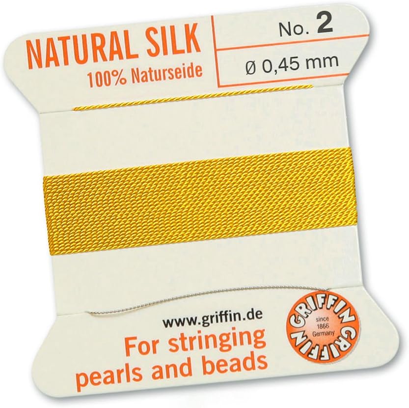 GRIFFIN 100% Natural Silk Beading Cord String Thread - Yellow - 2 metres with one needle - Size 0.45mm