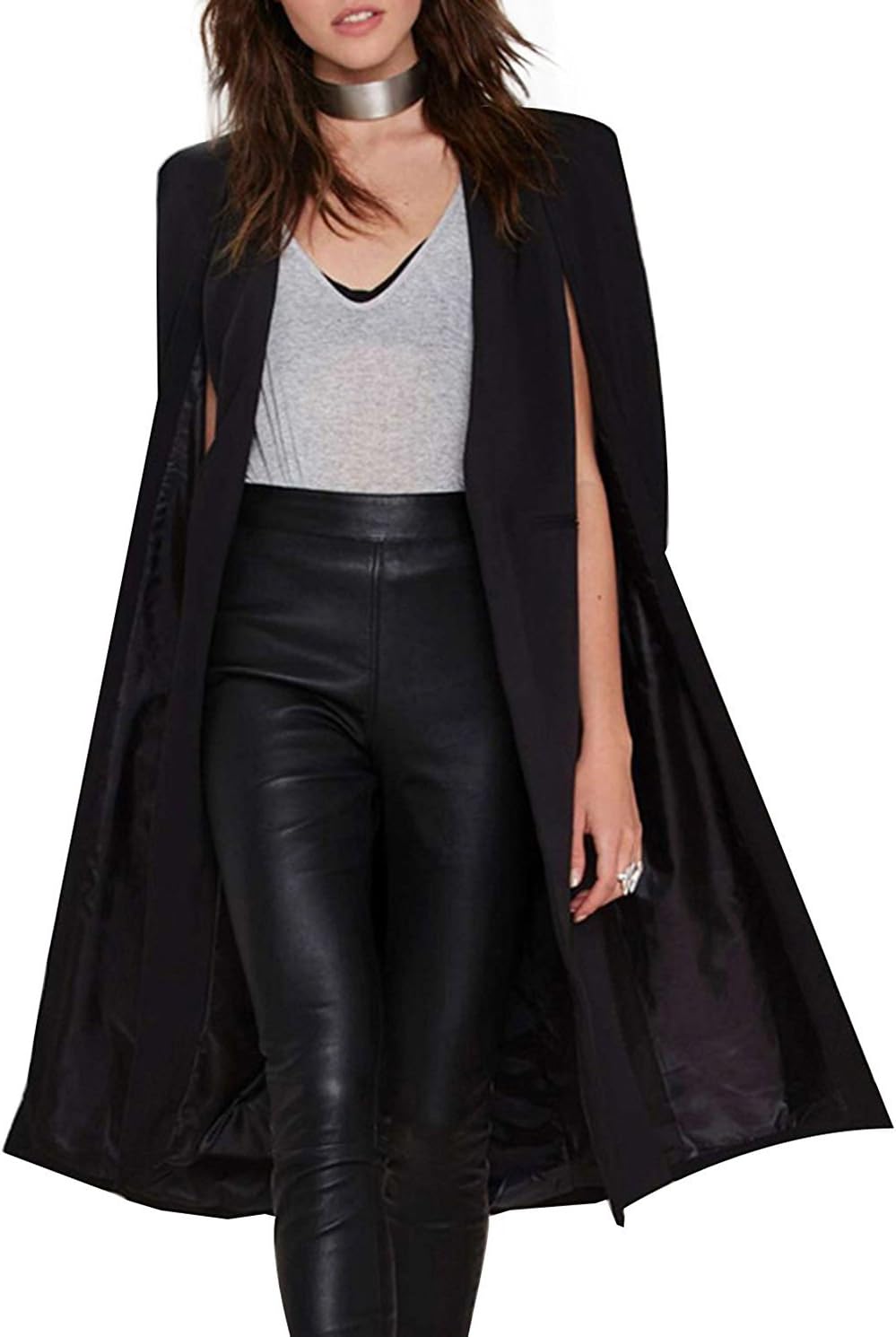 HAOYIHUI Women Casual Solid Longline Cape Open Front Split Trench Coat Blazer