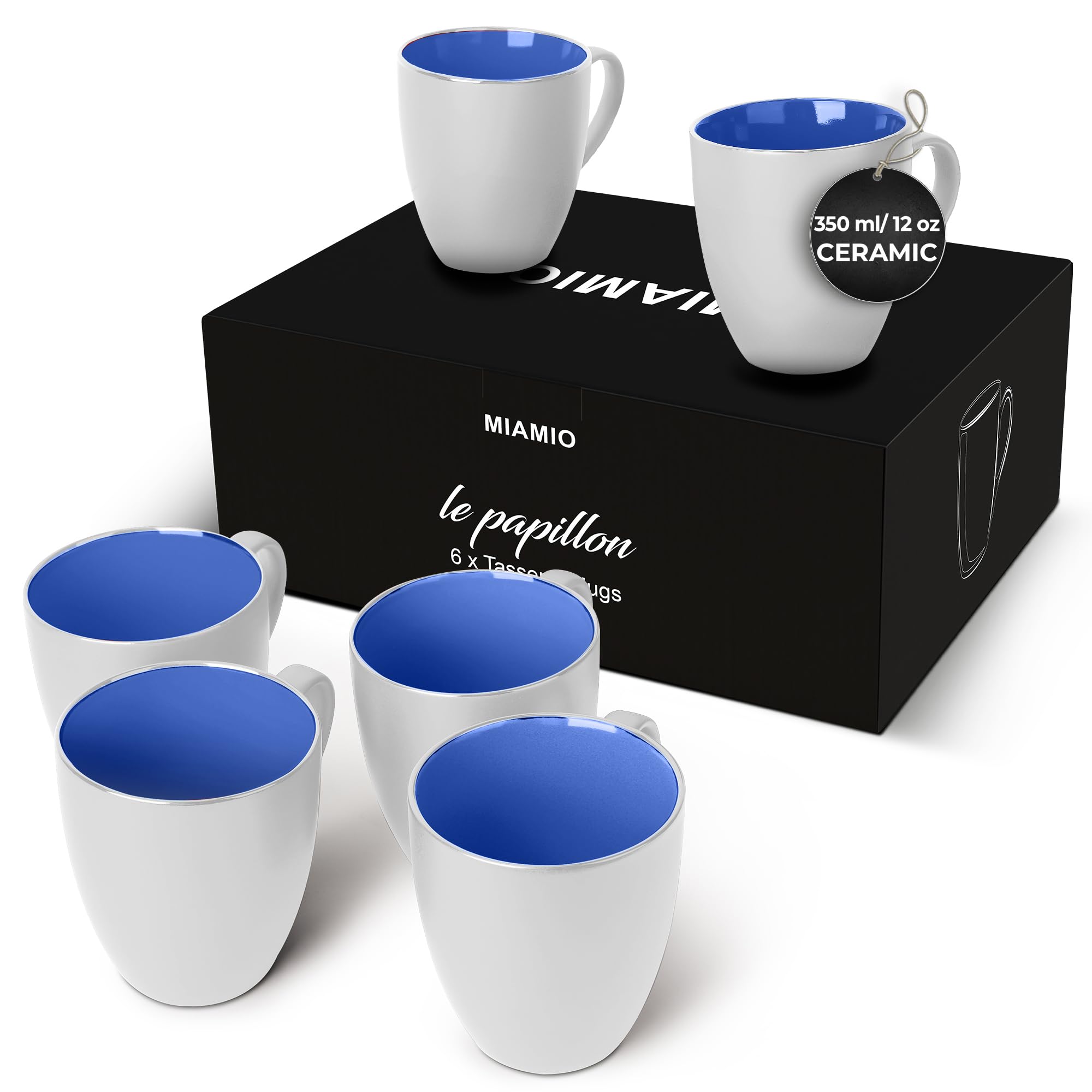 MIAMIO - Set of 6 Coffee Mugs 350 ml – Modern Ceramic Coffee Cup Set in White Blue – Large Coffee Cups for Coffee, Tea and Cappuccino – Dishwasher and Microwave Safe