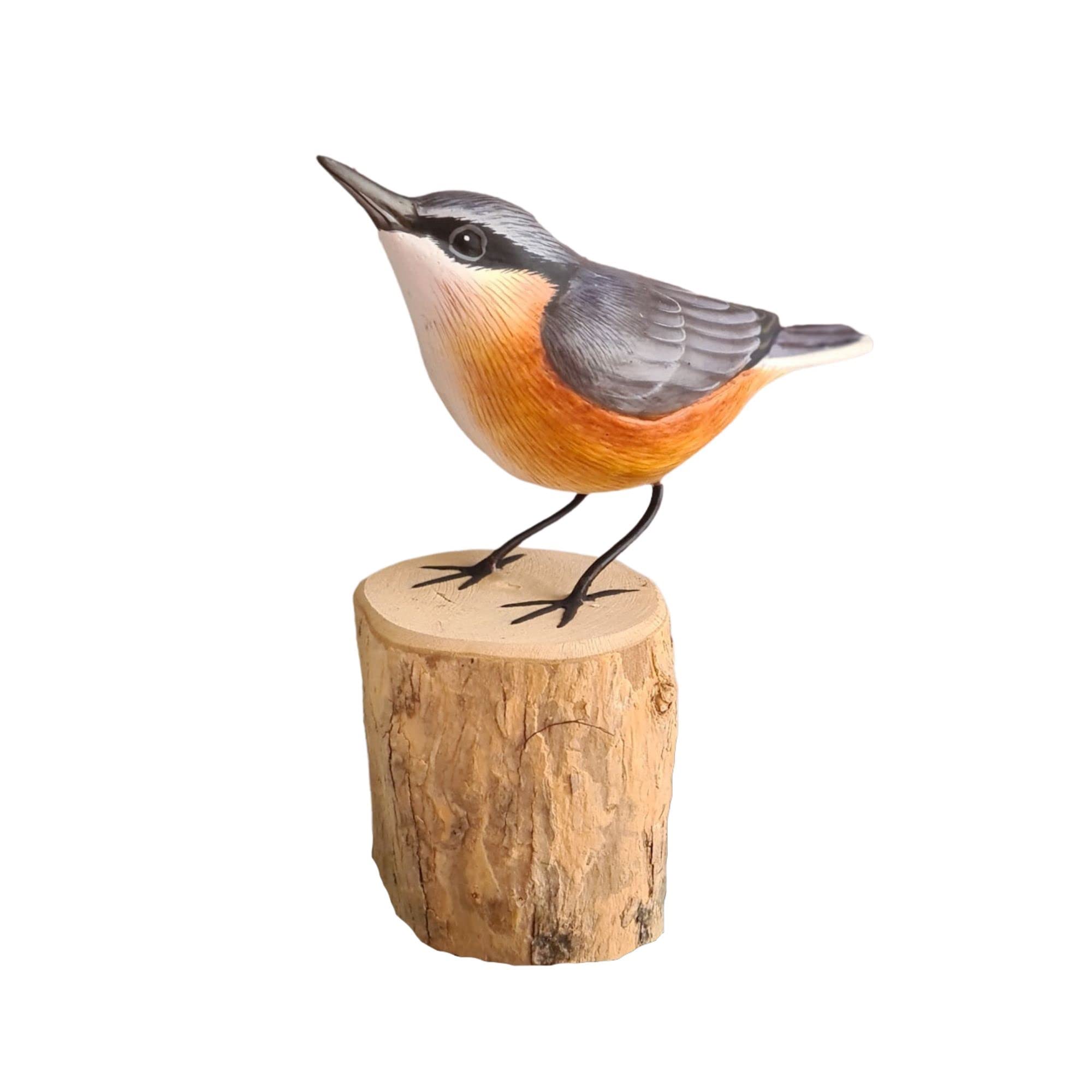 Wooden Realistic Bird Sculpture – Hand Carved Nuthatch Ornament – Indoor Garden Décor – Natural Finish Gift –Realistic Songbird Ornament for Indoor Display – Natural Shelf Accent