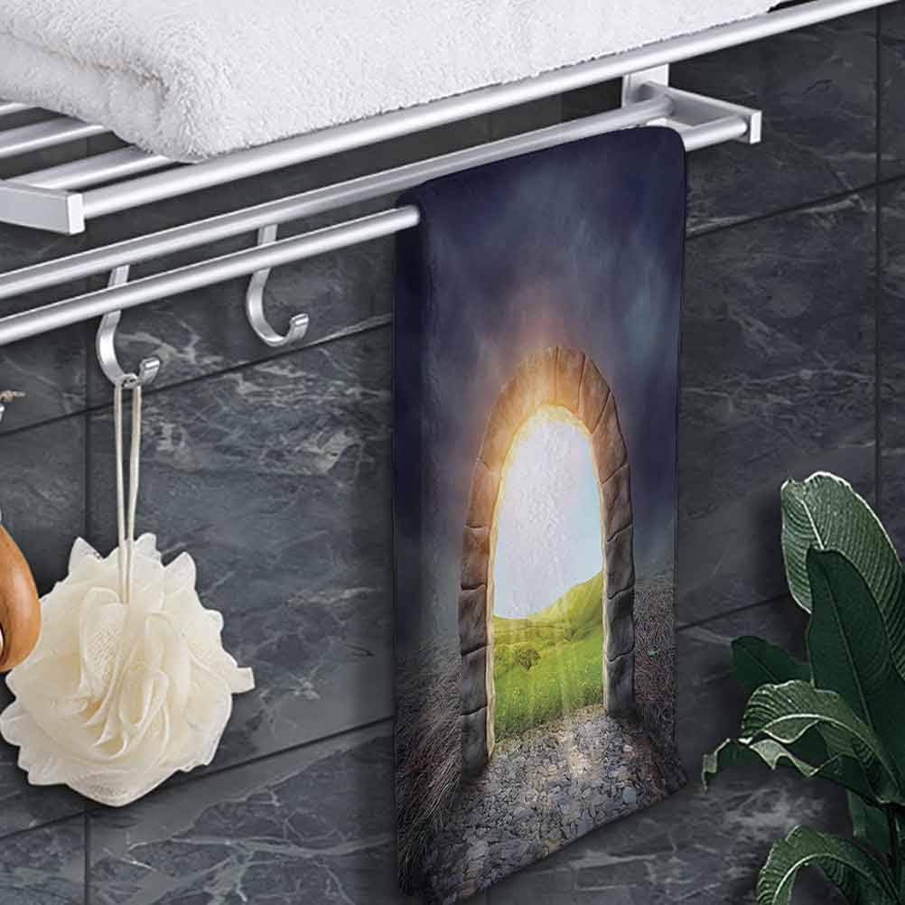 prunushome Washcloth Face Towels Fantasy Towels for Kids Mysterious Entrance to New Life Theme with Greenland Wildflowers and Sunbeams Perfect for Daily Use Green Yellow 14"x28"