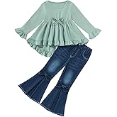 HSOXLQF Kid Toddler Girl Clothes Bowknot Ruffle Sleeve Top + Denim Bell Bottom Jeans Pants 2PC Fall Winter Outfit Set Green