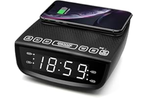 DPNAO Alarm Clock FM Radio with Wireless Charging USB Charging Port Bluetooth Function Dual Alarm 3-Level Dimmer Snooze for Home Bedroom Bedside