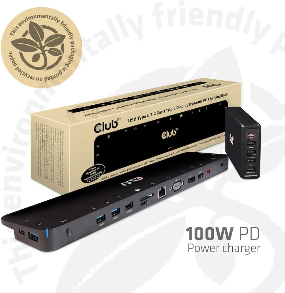 CLUB3D USB Type C 3.2 Gen1 Triple Display Dynamic PD Charging Dock 100W PD Power charger, black - Image 3