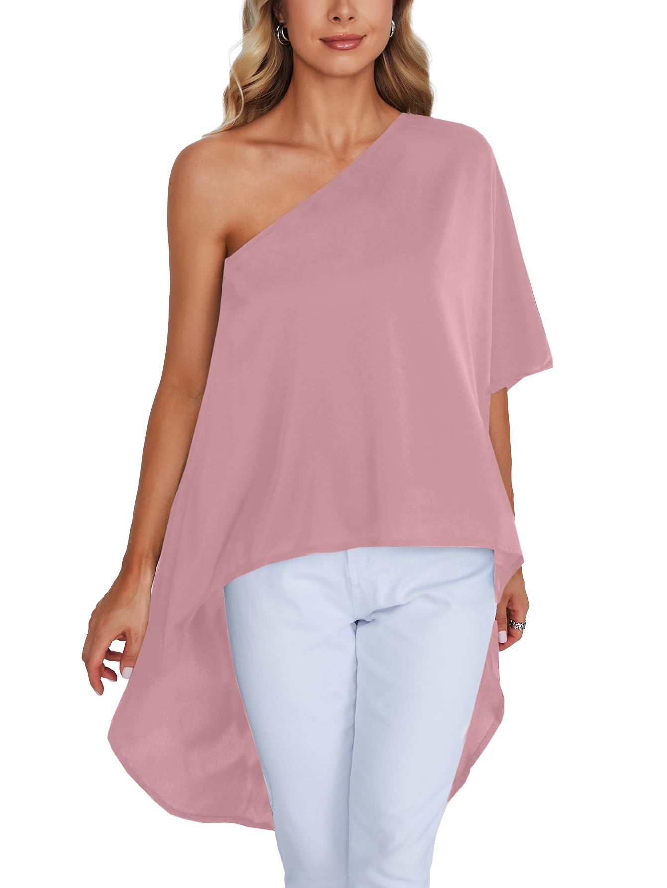 View 1 of ***2 pack**LYANER Women's One Shoulder Batwing Short Sleeve Blouse High Low Hem Long Shirt Top Dusty Pink Large