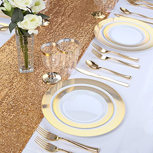 WDF 180 Pieces Disposable Plastic Gold Silverware Cutlery, Gold Plastic