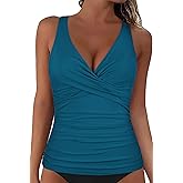 Mycoco Women's Underwire Tankini Top Twist V Neck Push Up Swim Top Ruched Bathing Suit Tops Only