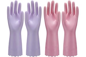 Bamllum Rubber Dishwashing Gloves - Household Cleaning Gloves for Washing Dishes with Cotton Lining, Reusable Kitchen Gloves - 2 Pairs, Durable and Non-Slip (Pink + Purple, Medium)