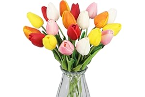 Famtores 20pcs Fake Tulips Real Feel PU Tulips Artificial Flowers Realistic Faux Tulip Stems for Floral Arrangements Home Wed