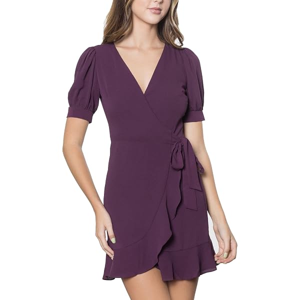 B Darlin Womens Wrap Dress Mini Purple Ruffled Tie Short Sleeve V Neck  Juniors 9 at Amazon Women's Clothing store