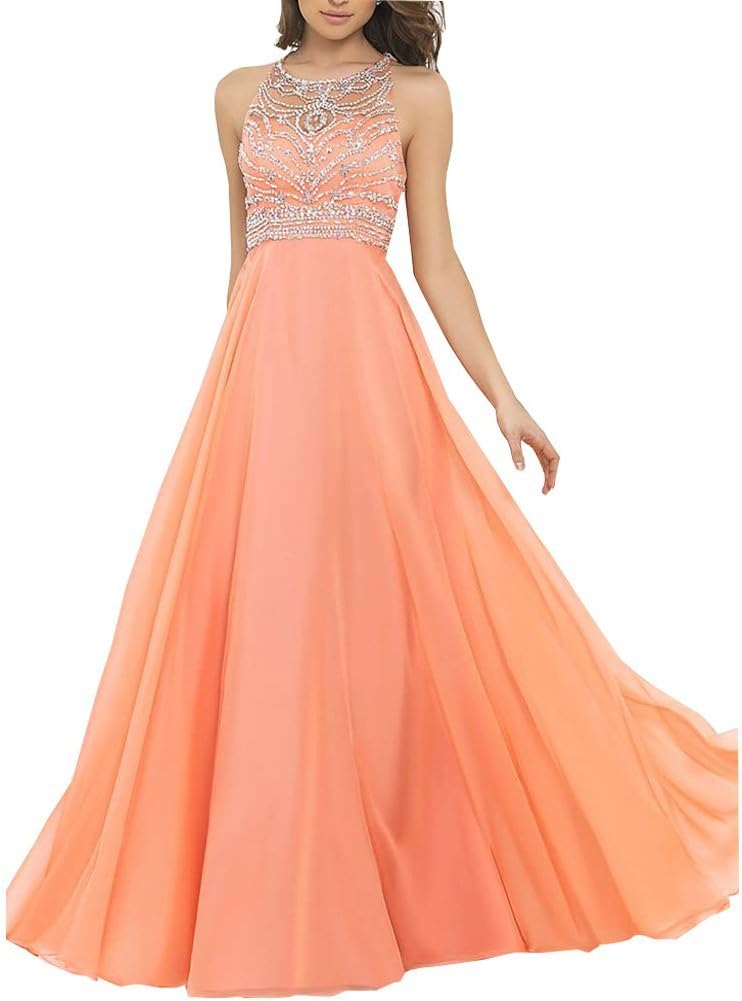 MOBAI Women's A-Line Sweep Train Sparkly Beading Evening Prom Dresses (12, Orange)