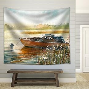 Autumn Landscape with Boat on The Lake.Picture Created with Watercolors. - Fabric Wall Tapestry Home Decor - 51x60 inches