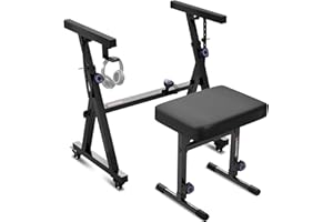 Liquid Stands Piano Keyboard Stand and Bench Set - Portable Heavy Duty Music Stand for 54-88 Key Electric Pianos & Adjustable Piano Bench, Stool - Sturdy Keyboard Music Accessories w/ Wheels and Seat