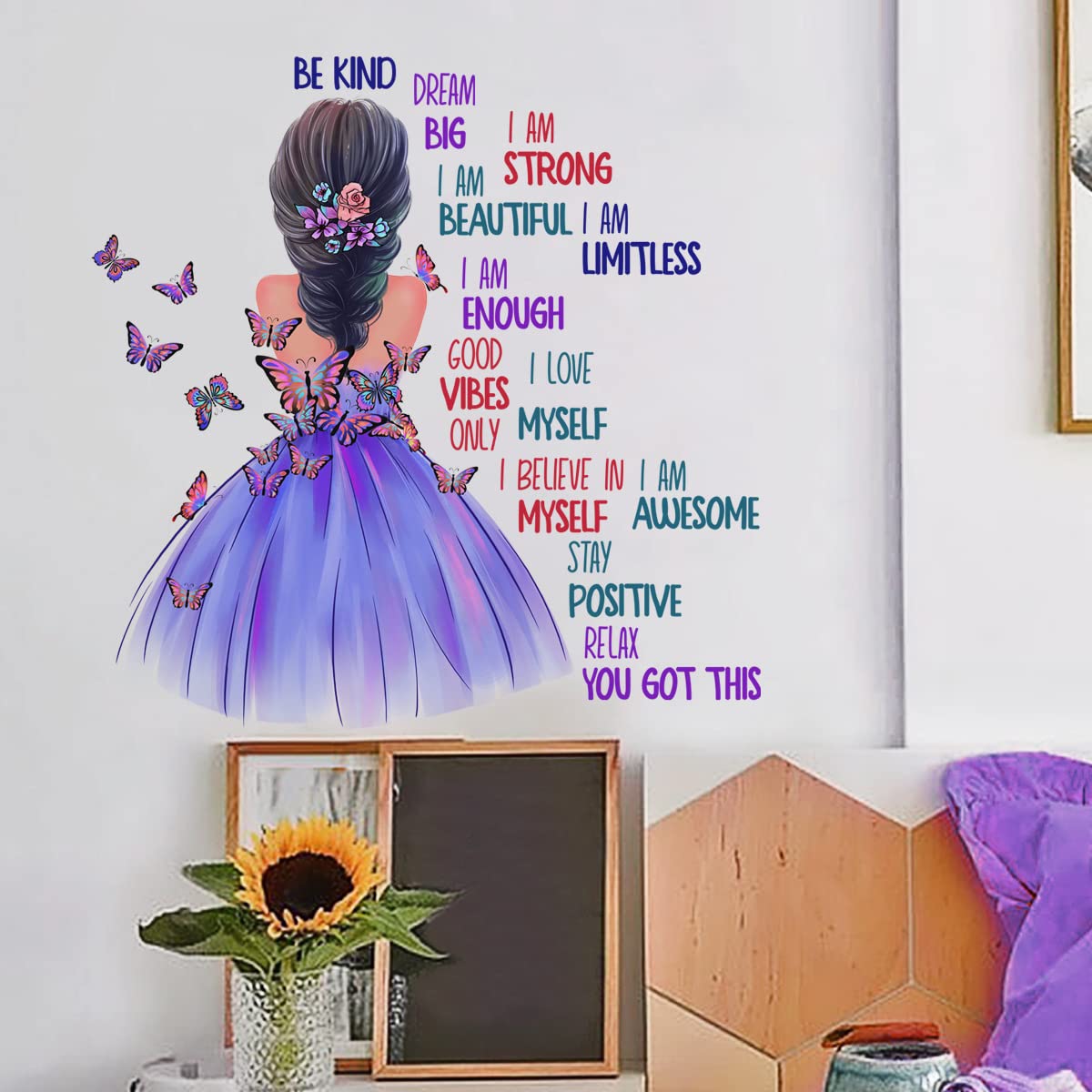Purple Girl Wall Stickers, Inspirational Girl Home Decor Wall Decals with Butterfly, Wall Stickers for Girls Bedrooms Living Room Study Room Dance Classroom Wall Decor