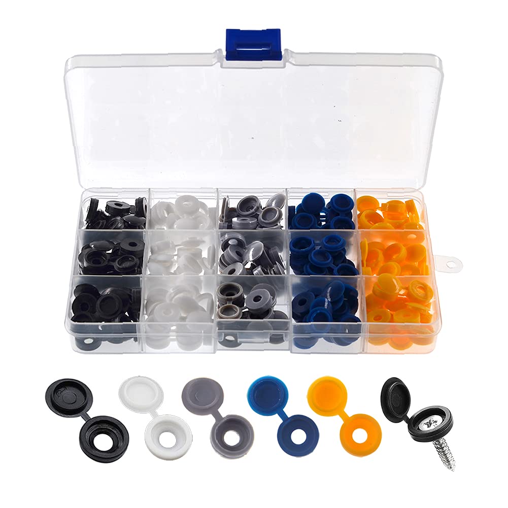 YIXISI 150 PCS Plastic Hinged Screw Cover Caps, Fold Screw Snap Washer Flip Tops for Number 6/8 Screws, Self-Tapping Screw Decorative Covers for Furniture Cabinet, White/Black/Gray/Blue/Yellow