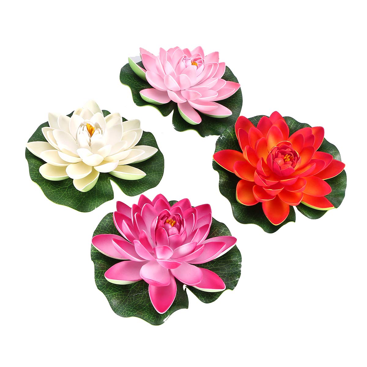 4PCS 17CM Artificial Floating Foam Lotus Flowers Realistic Water Lily Pads Ornaments for Patio Pond Aquarium Swimming Pool Wedding Party Decor (White + Orange + Pink)
