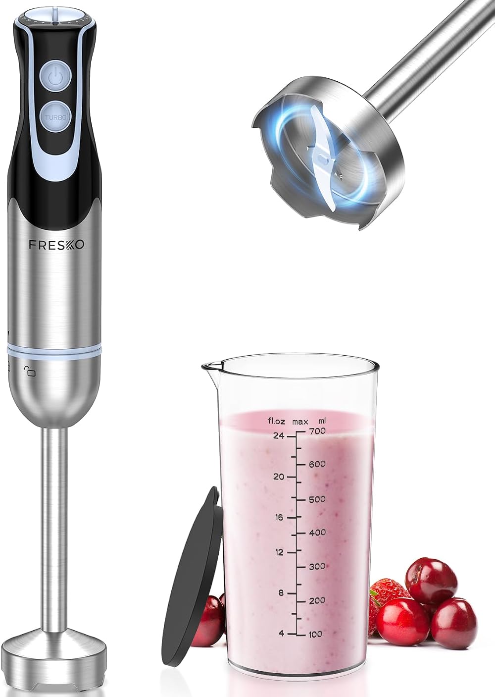 FRESKO 1200W Hand Blender 12 Speeds Turbo Stainless Steel Beaker 700ml BPA-Free