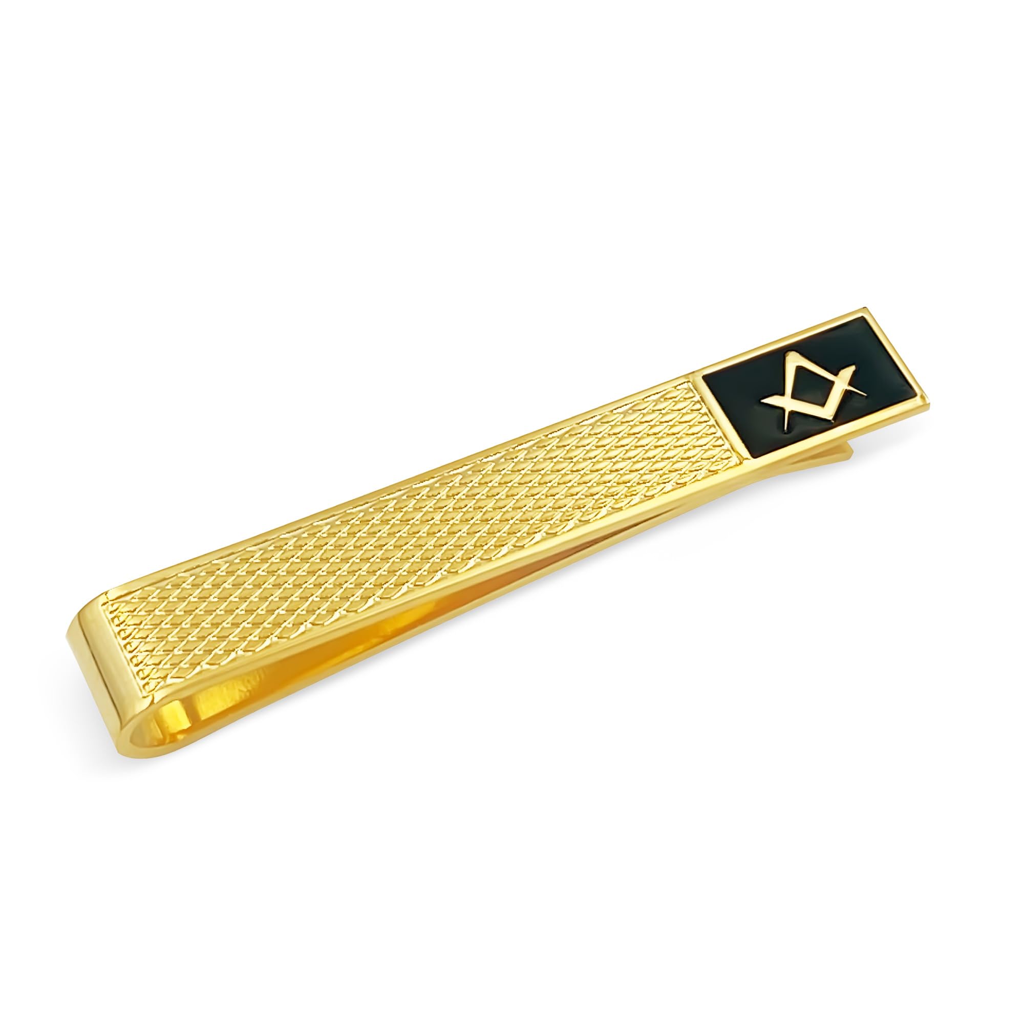 THE MASONIC COLLECTION - Tie Slide in Black and Gold with Diamond Cut Pattern Square & Compass With Black Enamel – In Velvet Pouch/Gift Box - Freemason Gifts for Men