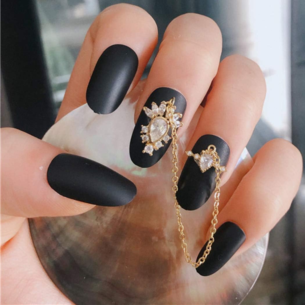 Détails Sur Sethexy 24 Pièces Mat Noir Ovale Faux Ongles élégant Strass Chaîne En Or Cou