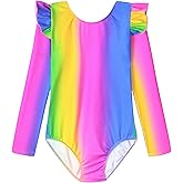 Tziharora Girls Gymnastics Leotards Size 6-7 Years Old Rainbow Stripe Ruffle Leos Long Sleeve Bodysuits