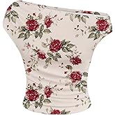MakeMeChic Women's Floral Asymmetrical Neck Tank Ruched Short Sleeve Crop Tops