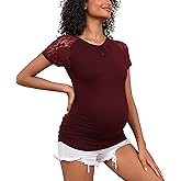 MOMOOD Maternity Shirts Lace Short Sleeve Maternity Tops Round Neck Maternity Blouse