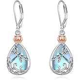 AXOMY Dragonfly Earrings for Women 925 Sterling Silver Lotus Dragonfly Dangle Earrings Moonstone Jewelry Gifts for Women