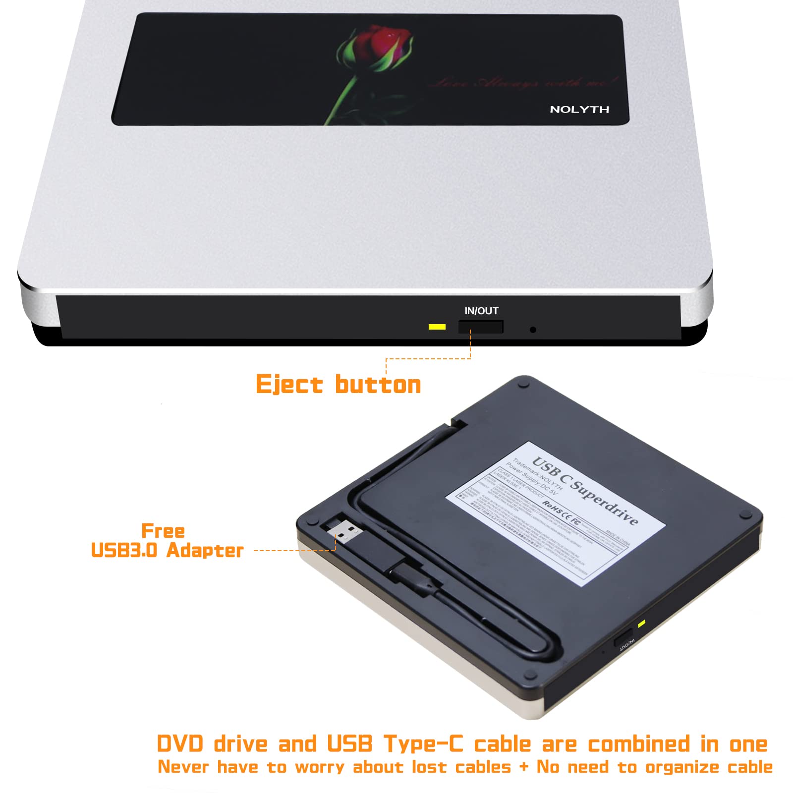 NOLYTH External CD Drive for Mac USB C SuperDrive for Apple, Portable DVD Drive Player for Laptop, Slim CD Burner Optical CD/DVD Drives Disk Reader for PC MacBook Computer Desktop