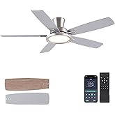 BYKISTOK 52“ Ceiling Fan with Lights and Remote/APP - Flush Mount Low Profile Ceiling Fan Light with 3CCT Dimmable, 6 Speeds Reversible, Modern Fan Light Fixture for Indoor, Covered Patios, Nickel