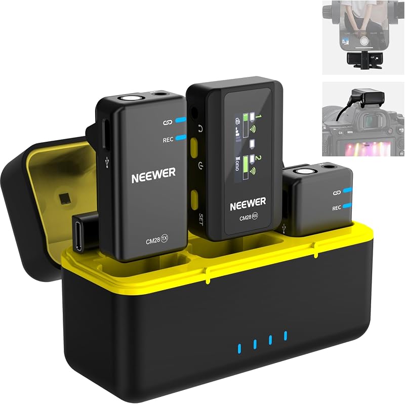 CM28 Microfono Lavalier Wireless con Anti Rumore Smart, Registrazione Non Compressa a 48kHz/16bit per 9h, Portata 200m, Memoria 4GB per iPhone Android Fotocamera,1 RX+ 2 TX + Custodia Ricarica