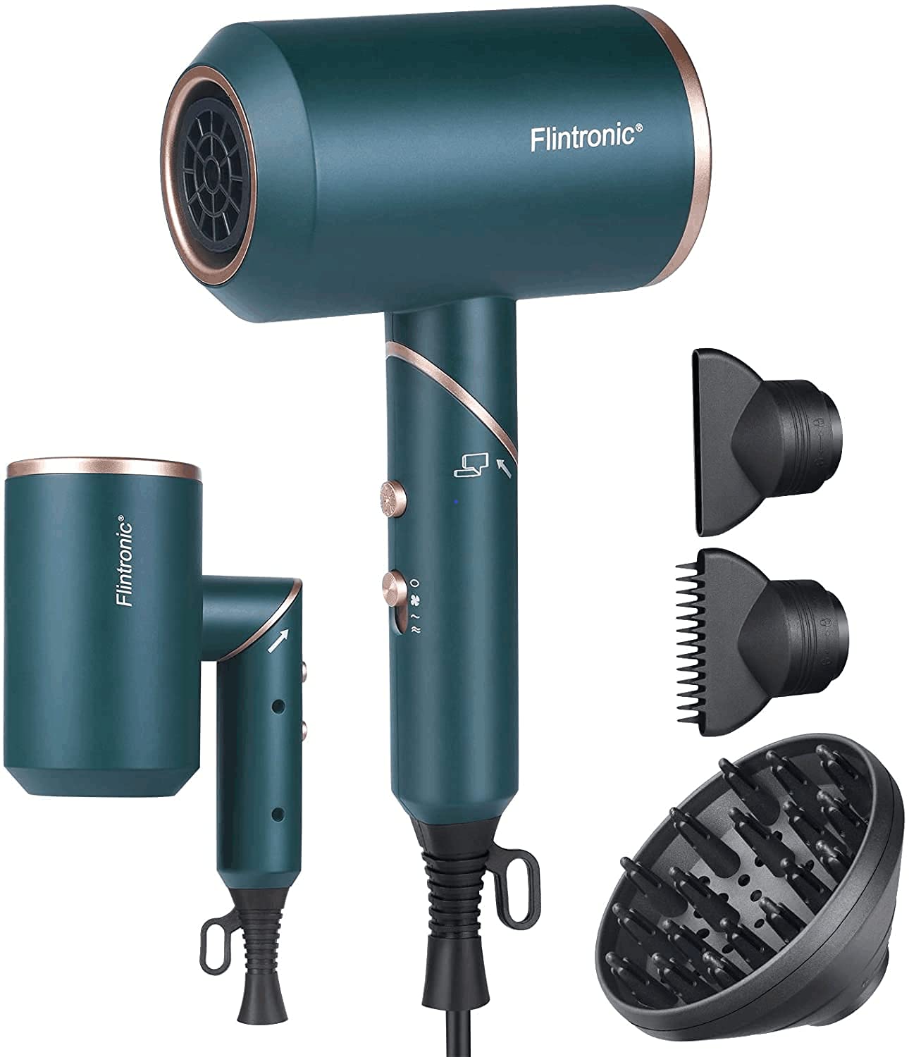 Flintronic Foldable Hair Dryer 2000W Powerful AC Motor Fast Drying Ionic Hair Dryer with 2 Speed 3 Heat Setting, Cool Shot Button with 1 Diffuser & 2 Concentrator (3 Nozzles&3 Comb Included)