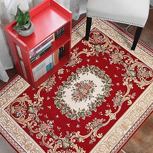 Low Profile Area Rug 4x6, Hihome Red Traditional Floral Woven Pattern with Border Area Rugs Machine Washable for Living Room Bedroom Kitchen