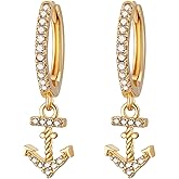 HZMAN Nautical Anchor Dangle Earring for Women 14K Gold Plated Dainty Cubic Zirconia Drop Earrings Jewelry Gift