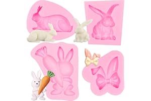 XCAKE LCOOK Easter Rabbit Silicone Chocolate Molds 4Pcs, Bow Bunny Ear Carrot Fondant Baking Molds for Cake Decoration Cupcake Topper Cookie Candy Sugar Craft Gum Paste Clay Resin