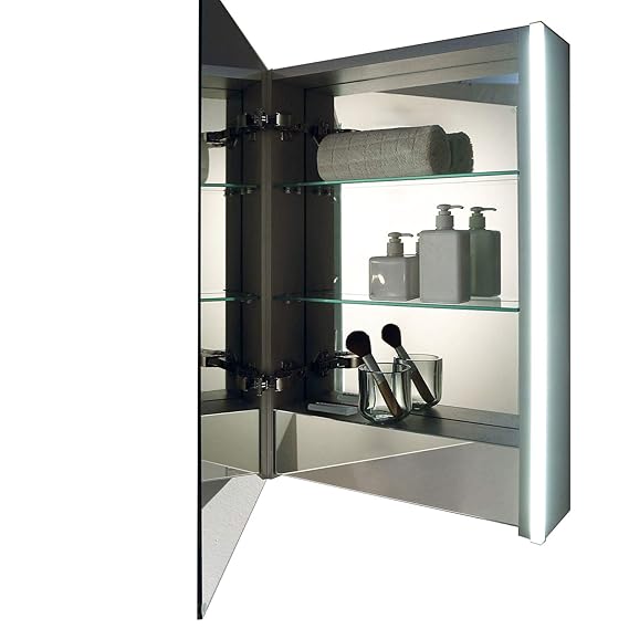 HOKO® Bad Spiegelschrank Krefeld 50x70x14cm, LED beleuchtet, 1 Soft Close Tür, innen verspiegelt, mit Steckdose innen, Ablage