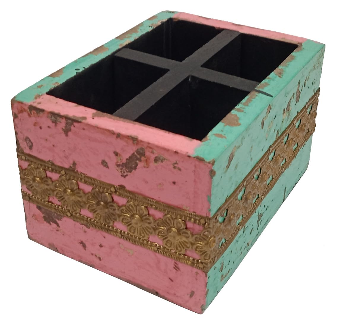 Purpledip Desk Organizer for Pens, Mobile Phone, Visiting Cards for Office Table: Distress Finish Rustic Wooden Case With Brass Sheet Patterns (10743)