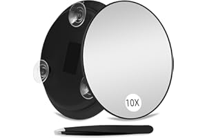 Suupvaor 10X Magnifying Mirror with 3 Suction Cups, Large 6inch Round Travel Makeup Mirror with High Magnification, Makeup Mirror with Tweezers Set
