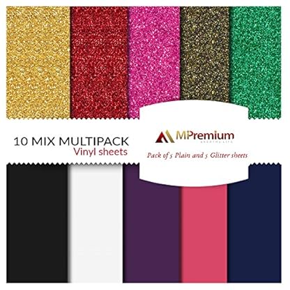 MiPremium PU Heat Transfer Vinyl HTV, Iron On Vinyl Starter Pack, Assorted Bundle Kit of Heat Press Vinyl in 10 Most Popular of HTV Glitter & Plain Colors, Easy to Cut Weed & Press (10 x Pack)
