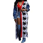 Vaceky Denim Sleeve Cardigan Sweaters Women Color Block Open Front Lightweight Long Cardigans