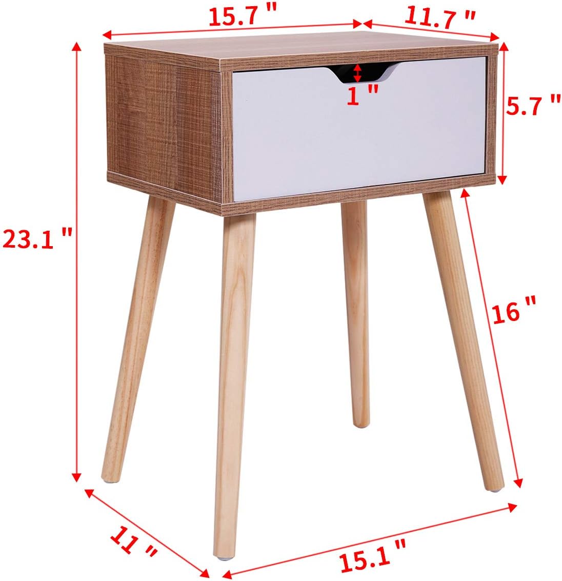 JAXSUNNY Mid-Century Solid Wood Legs Side Table, Bedside Table Nightstand End Table, with White Storage Drawer 23.1" H - Set of 2 in Walnut: Kitchen & Dining
