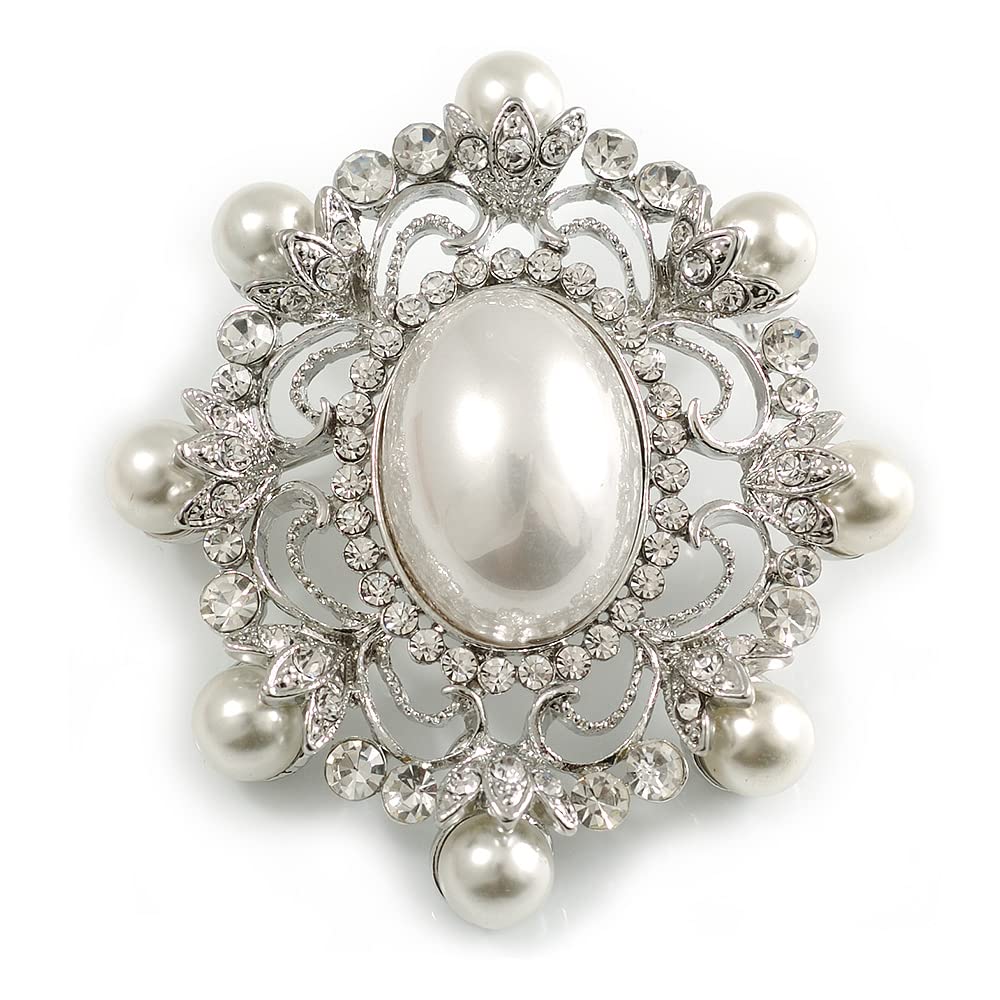 Silver Tone Filigree Light Cream Simulated Pearl Corsage Brooch - 60mm L